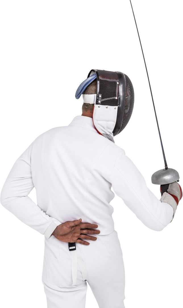 Rear view of man in fencing suit holding sword on transparent background - Download Free Stock Images Pikwizard.com