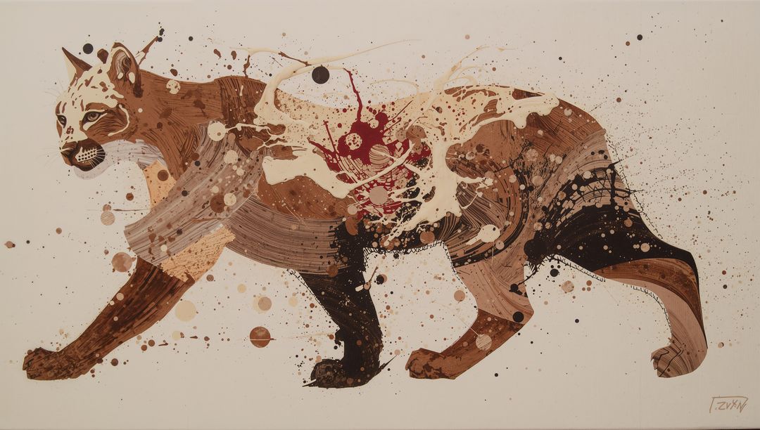 Abstract brushstroke cougar walking with paint splatters and textured canvas signature