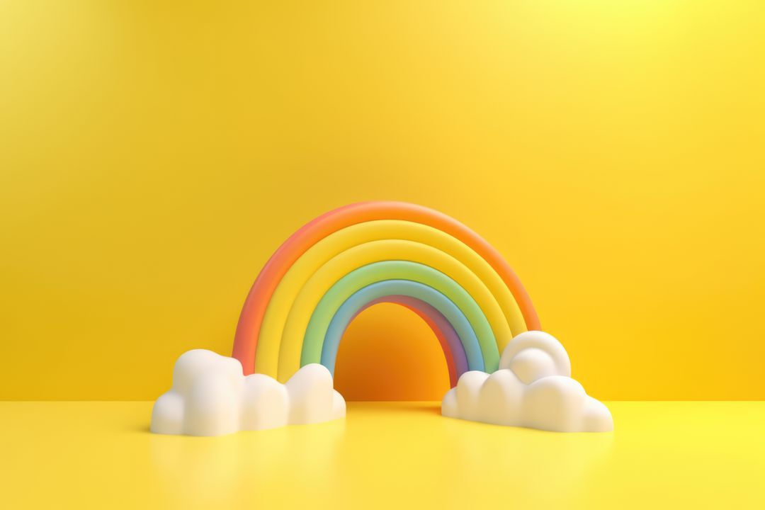 Colorful rainbow with white clouds on yellow background created using generative ai technology - Free Images, Stock Photos and Pictures on Pikwizard.com