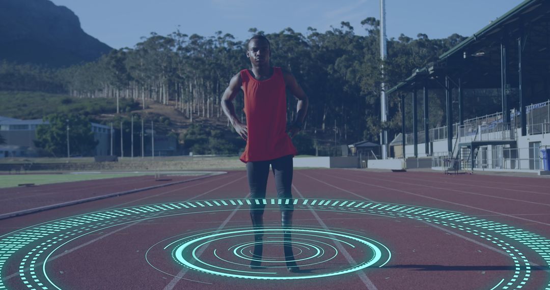 African American Male Runner with Digital Interface on Track