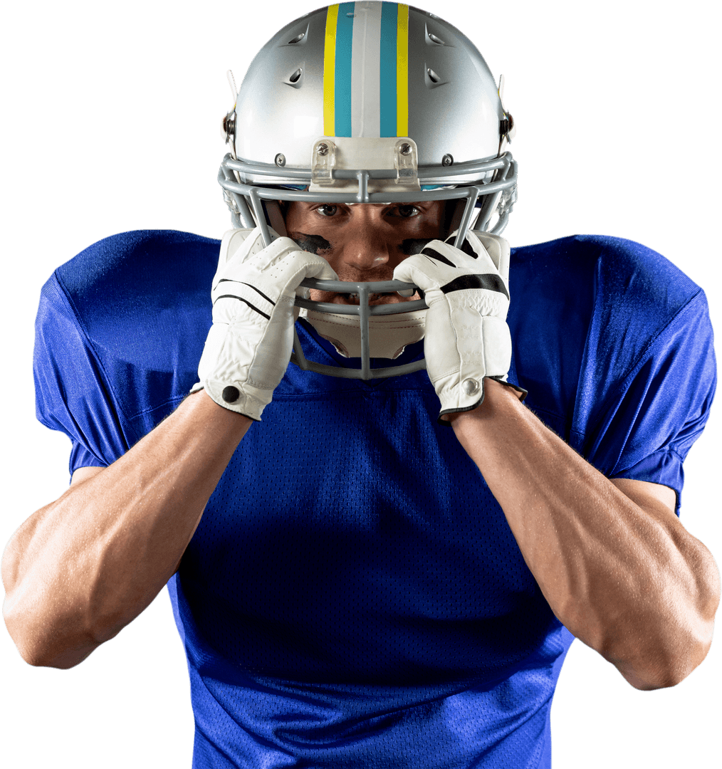 Transparent American Football Player Holding Helmet Facemask