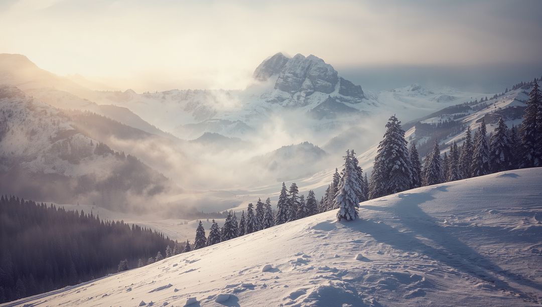 Snowy Alpine Ridge at Dawn with Lone Pine Casting Long Shadow over Misty Valley Panorama
