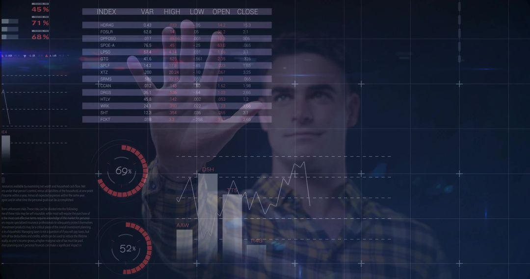 Adult man reaching and touching holographic analytics dashboard with charts and meters