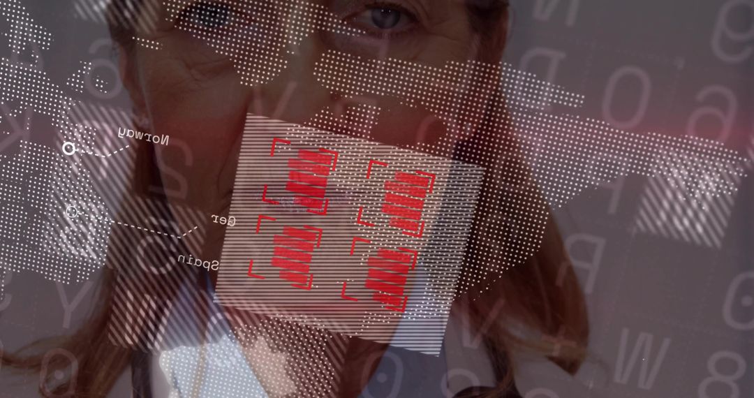 Senior businesswoman overlaying data graphics and world map with red analytics panel