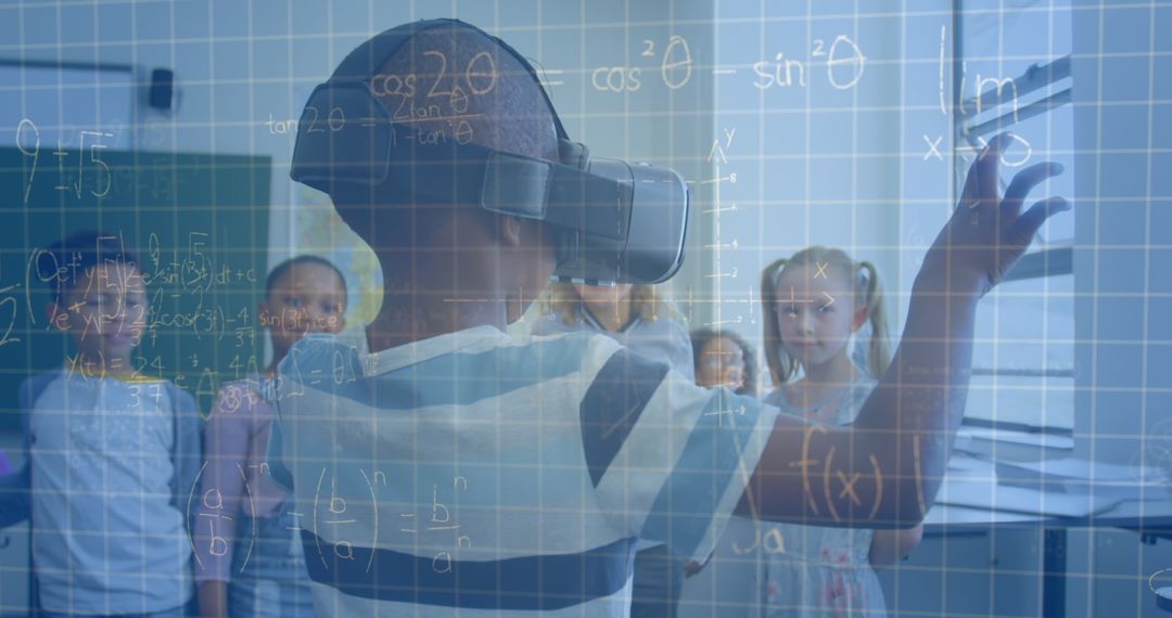 Schoolchildren Using VR Headsets with Math Equations Overlay