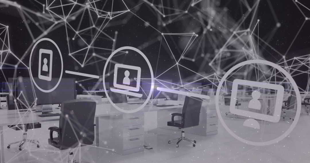 Modern Office with Digital Network Overlay Illustrating Connectivity