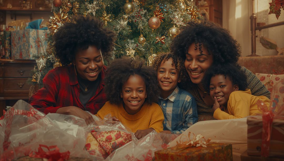 Joyful Family Opening Gifts Around Christmas Tree