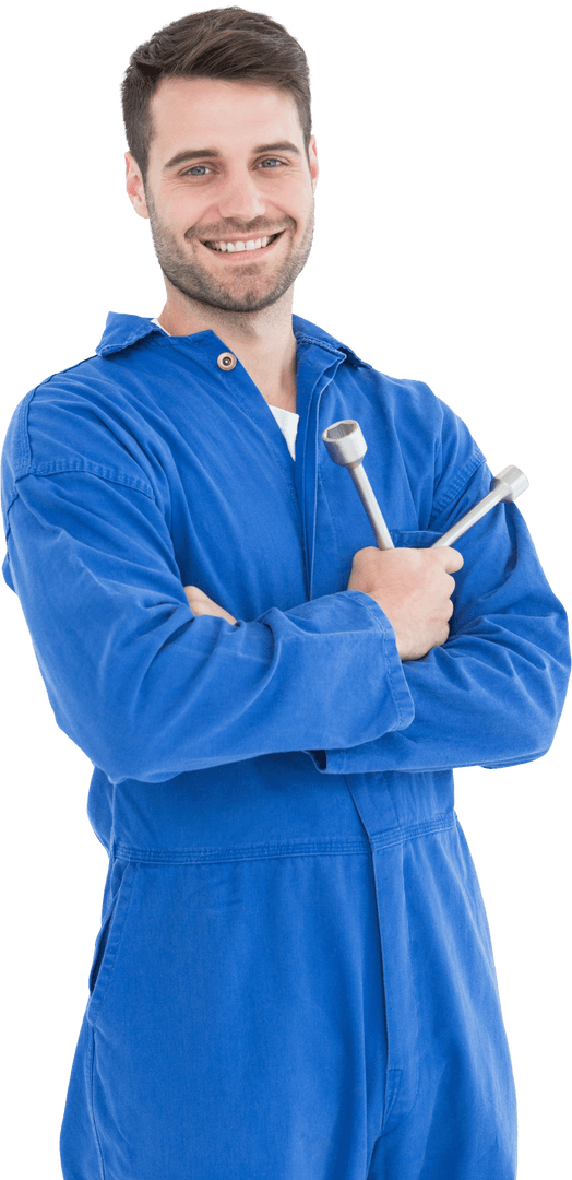 Smiling Young Male Mechanic Holding Spanner on Transparent Background