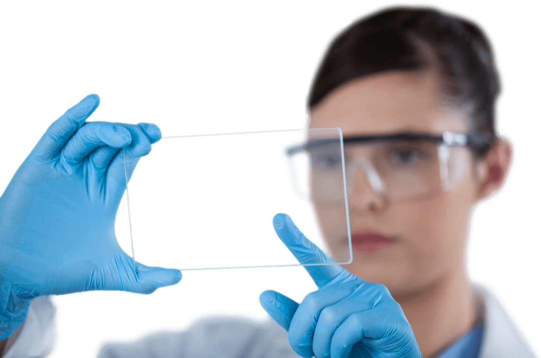Female Scientist Analyzing Transparent Glass in Protective Gear