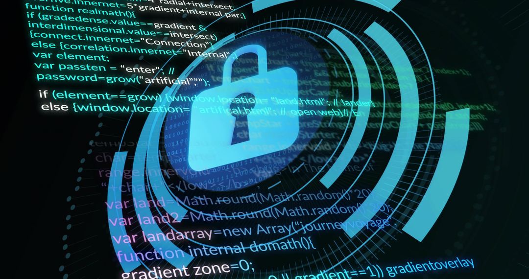 Glowing Blue Padlock with Holographic Concentric Rings Over Cyber Code Representing Data Encryption