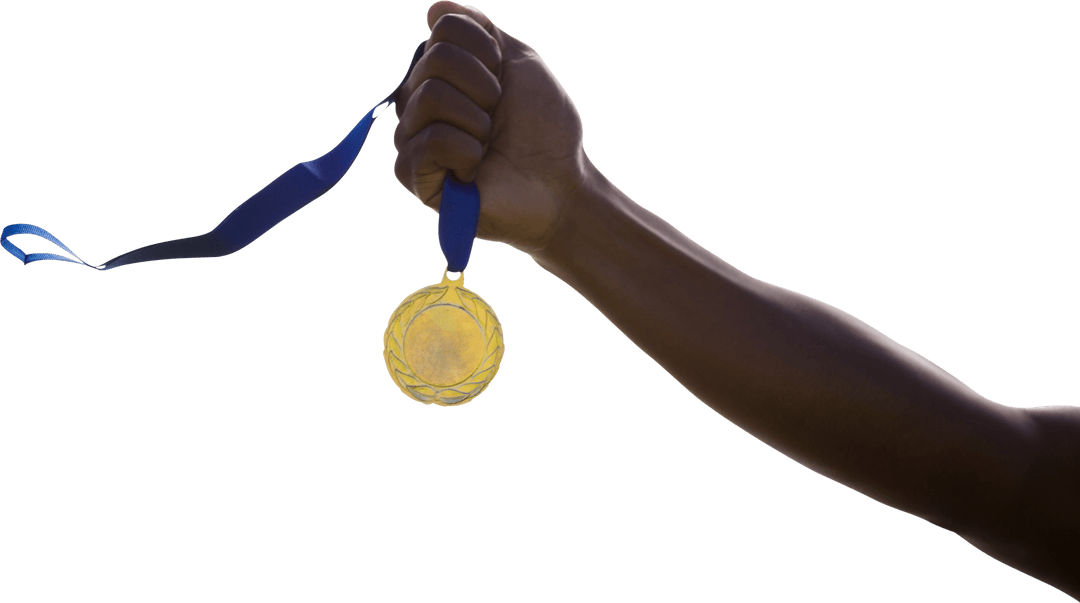 Triumphant Holding of Gold Medal on Transparent Background