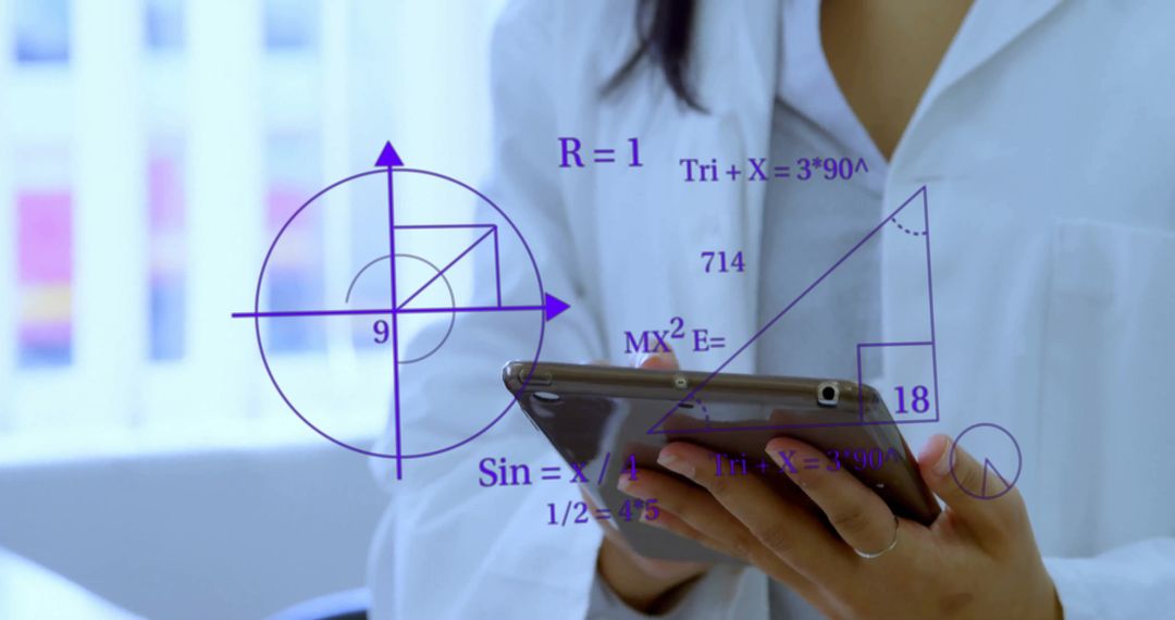 Female Scientist Analyzing Data on Digital Tablet with Diagrams