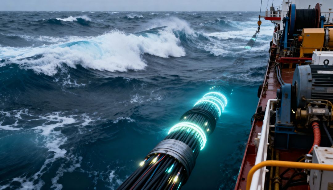 Deploying armored subsea fiber-optic cable from cable vessel in rough ocean conditions