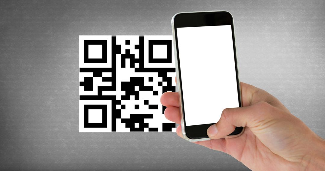 Hand Holding Smartphone Scans QR Code on Grey Background