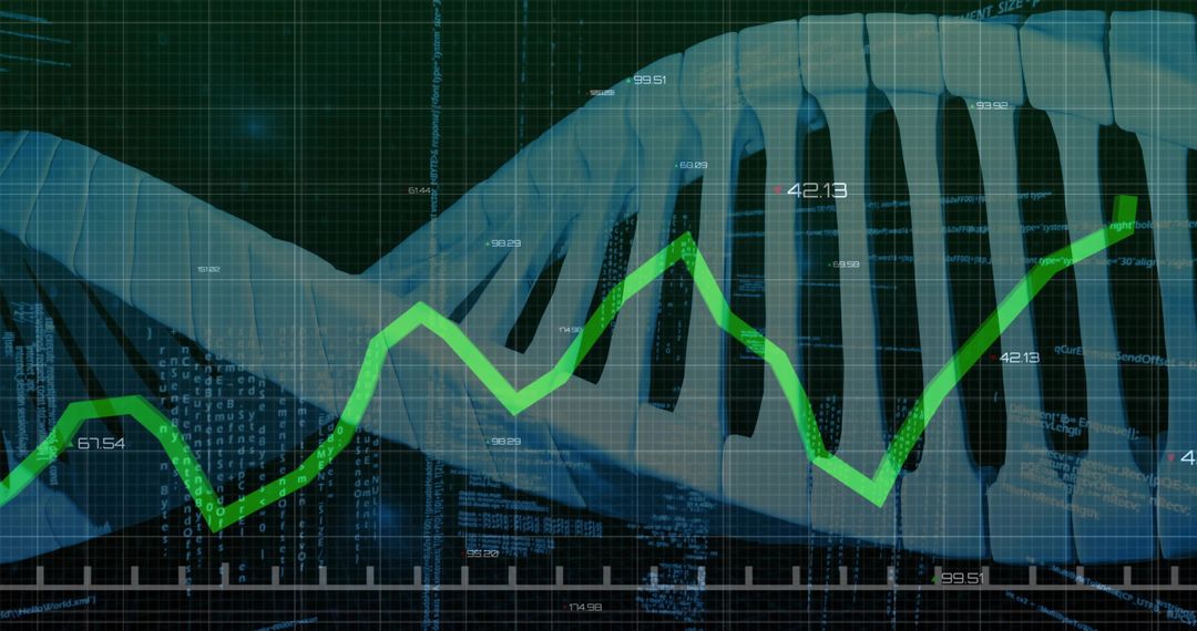 Futuristic DNA Helix with Analytics and Green Line Graph Overlay