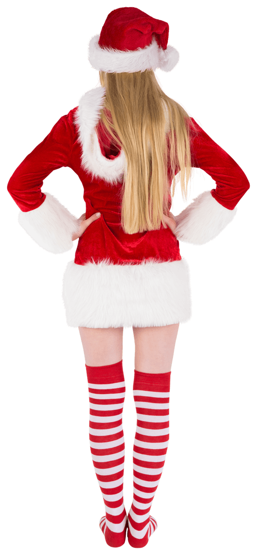 Festive Blonde in Santa Outfit Rear View with Striped Socks