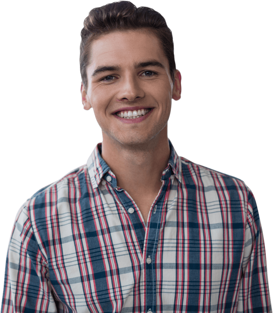 Transparent Smiling Young Man in Plaid Shirt Portrait