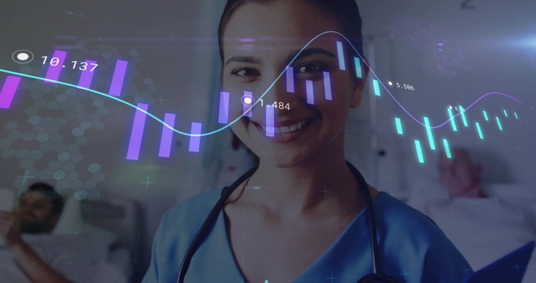 Smiling Nurse with Digital Data Overlay in Hospital Ward