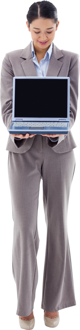 Smiling Businesswoman Presenting Laptop with Transparent Background - Download Free Stock Images Pikwizard.com