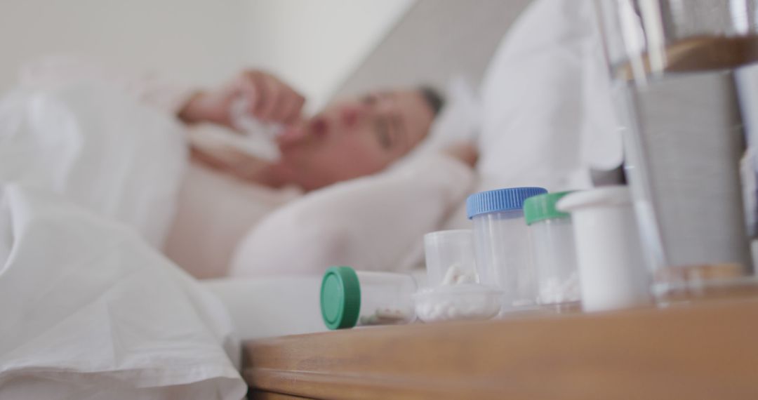 Sick Person Resting in Bed with Medication on Nightstand - Free Images, Stock Photos and Pictures on Pikwizard.com