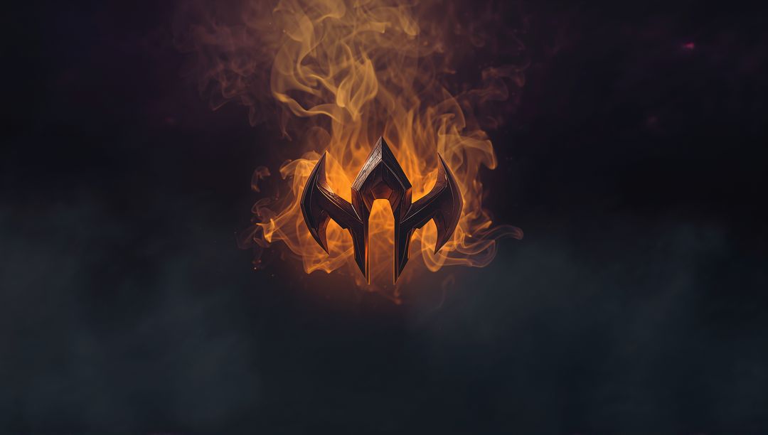 Fiery Three-Pronged Emblem with Mystical Flames in Dark Atmosphere
