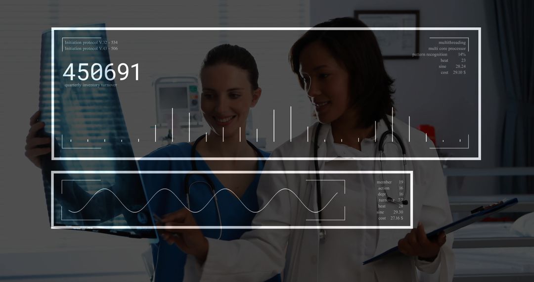 Two Medical Professionals Analyzing X-Ray Showing Medical Data Visualization