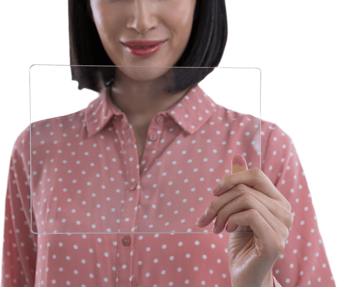 Smiling Woman Holding Transparent Glass Digital Tablet