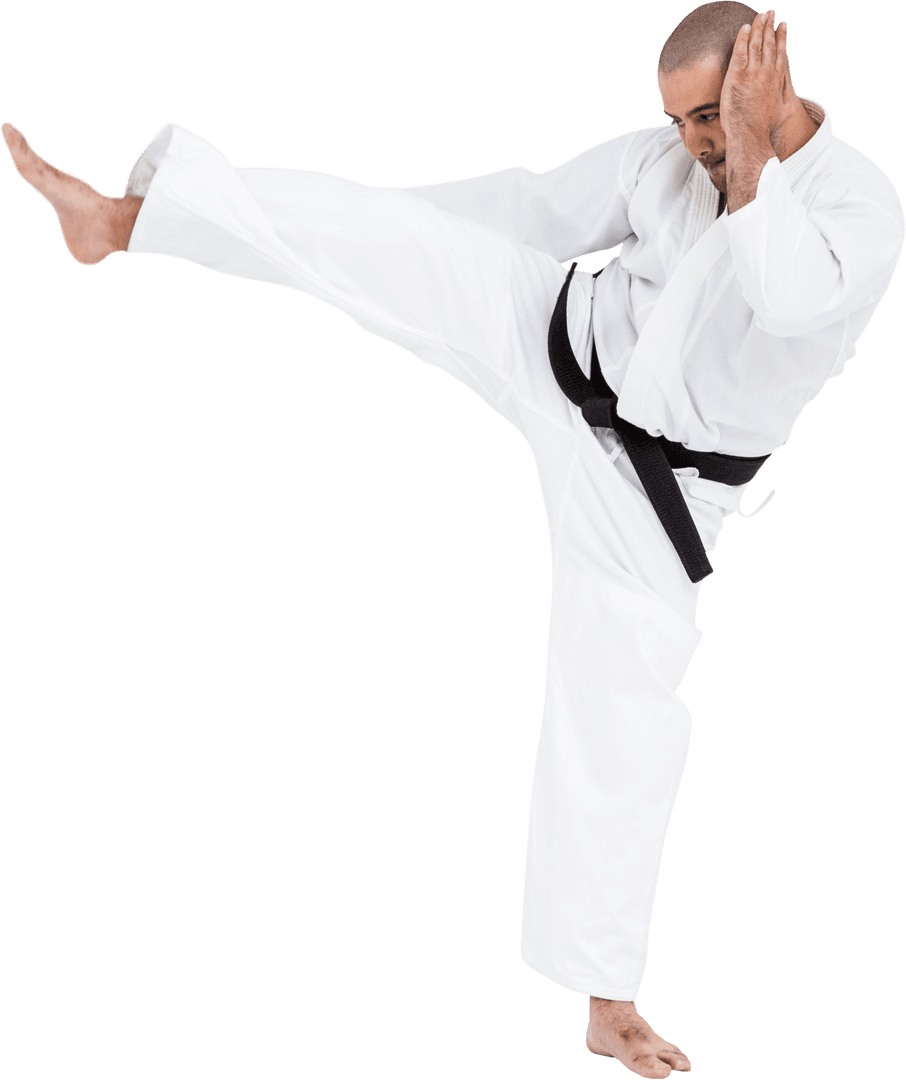 Transparent Karate High Kick Performer in Martial Arts Uniform