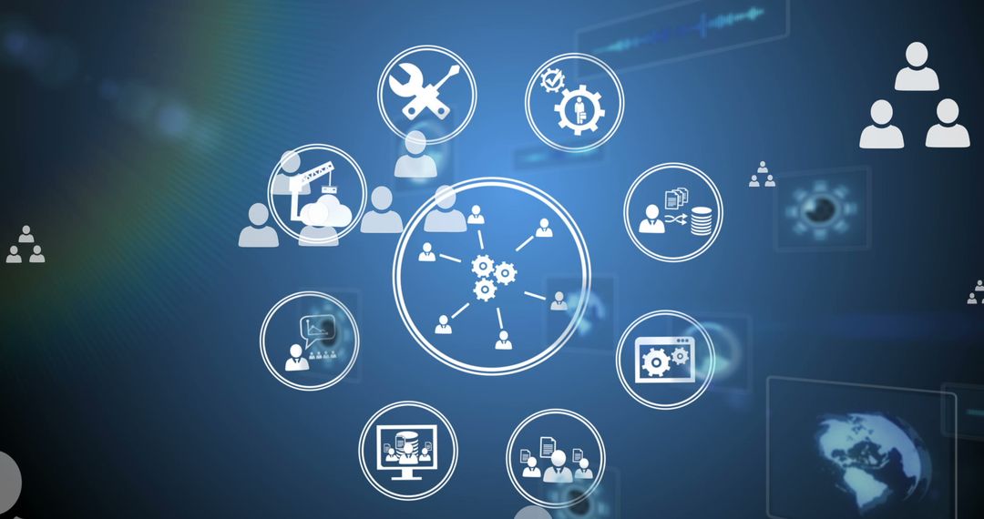 Digital Network Diagram with Technology Icons on Blue Background