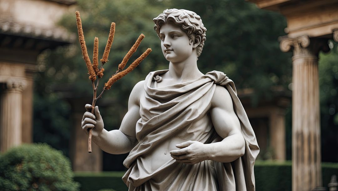 Classical Marble Statue Holding Branch in Serene Garden