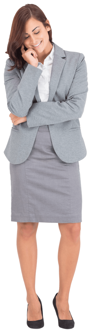 Transparent Businesswoman in Professional Attire Standing Thinkfully