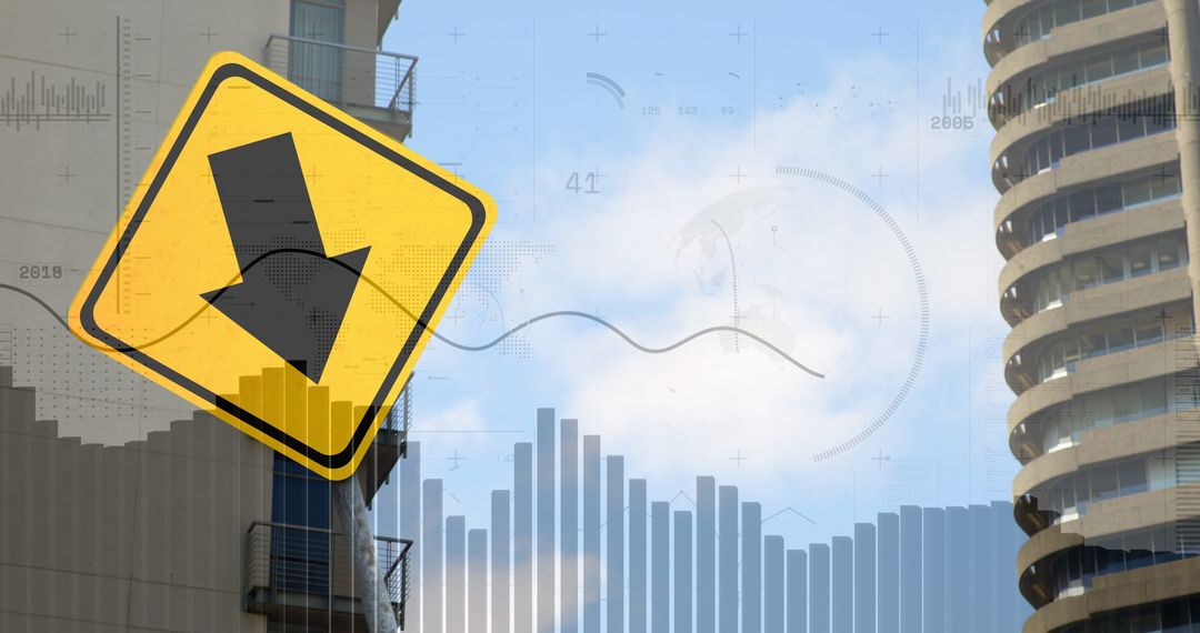 Global Finance Trends with Cityscape and Downward Arrow