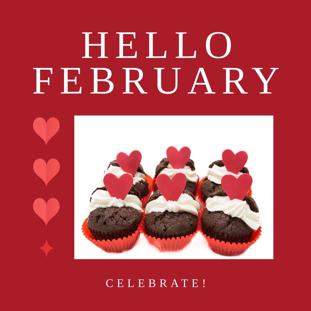 Hello February Text with Cupcakes and Hearts on Red Background - Download Free Stock Templates Pikwizard.com