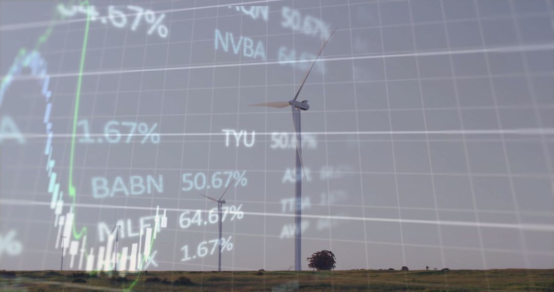 Financial Data Overlay on Wind Turbines in Open Landscape