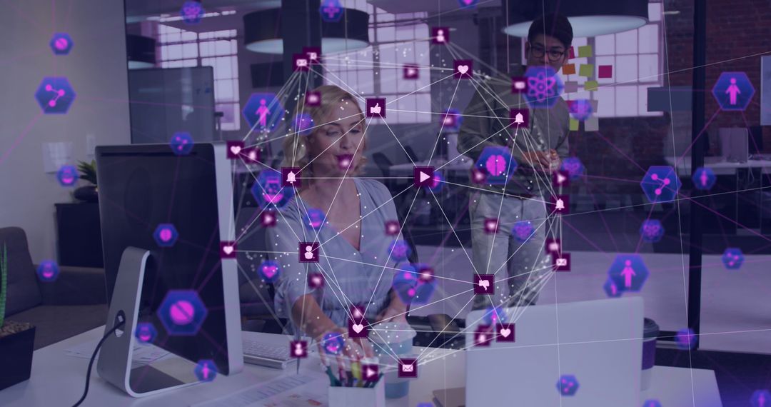 Digital Icons Network Overlay in Modern Office Setting