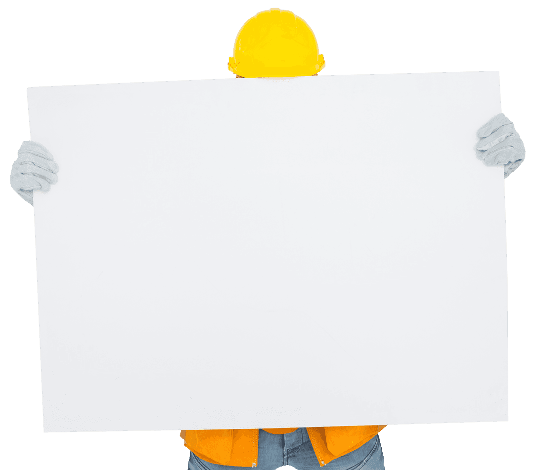 Construction Worker Behind Large Blank White Cardboard Board Transparent
