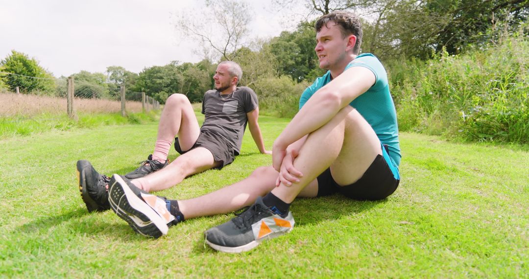 Two Men Relaxing on Grass After Jogging in Park