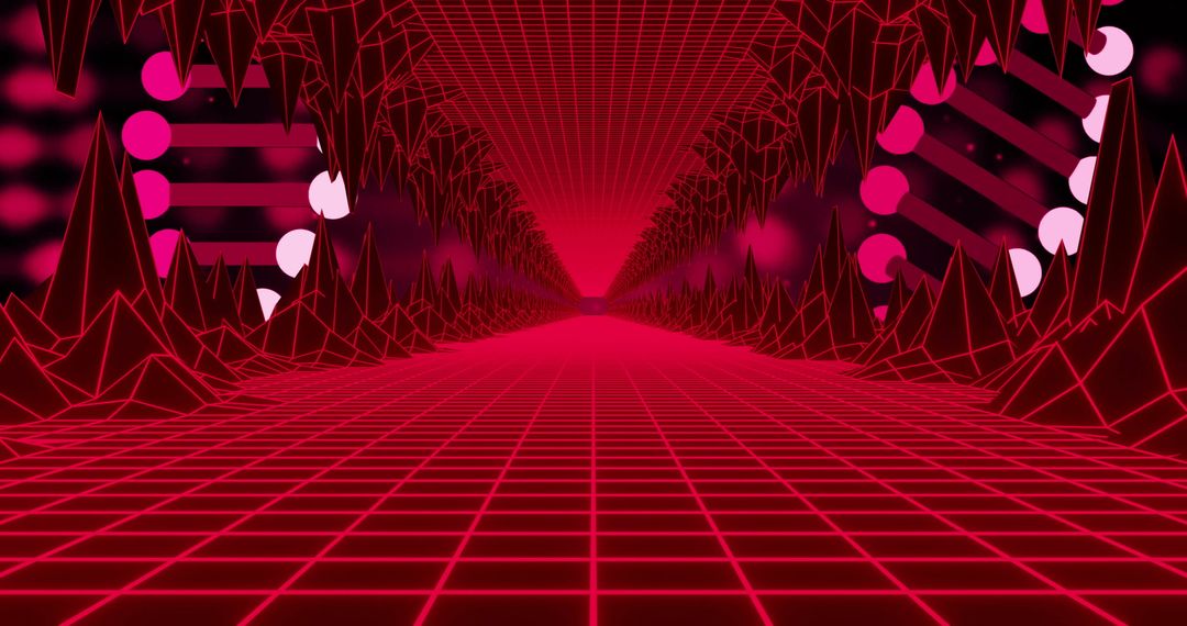 Neon Pink Cyber Grid Corridor with Futuristic Peaks and Spikes