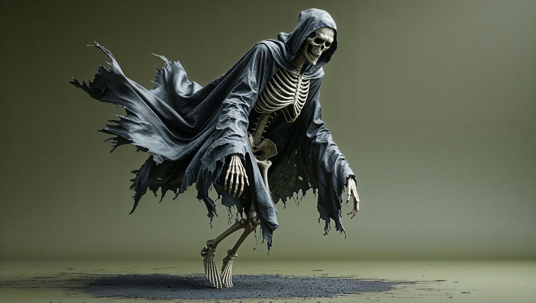 Mystical Hovering Skeleton with Tattered Cloak in Minimalist Studio
