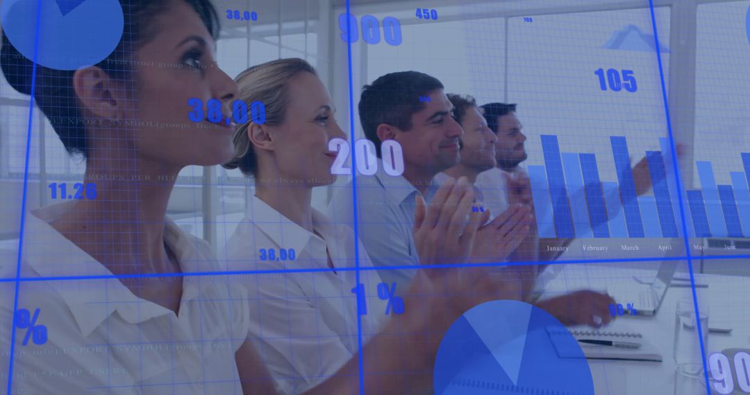 Business Team Analyzing Financial Data with Graphs Overlay