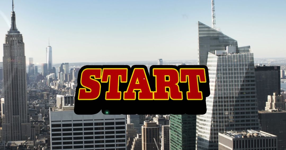 Bold Red 'Start' Text Over Urban Skyline Background