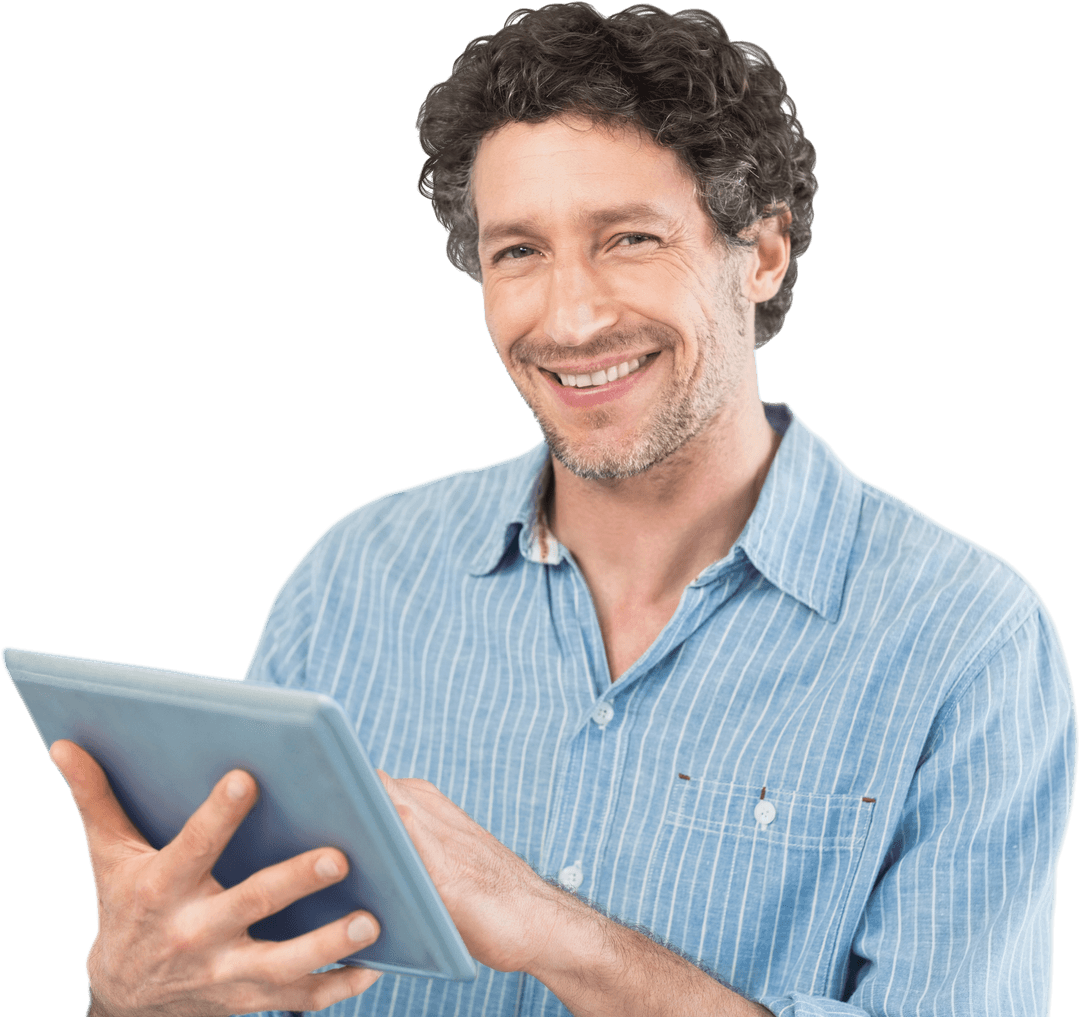 Transparent Smiling Man Using Tablet Computer in Casual Shirt Lifestyle