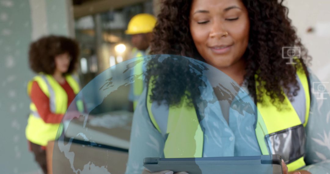 African American Female Architect Uses Tablet with Digital Interface