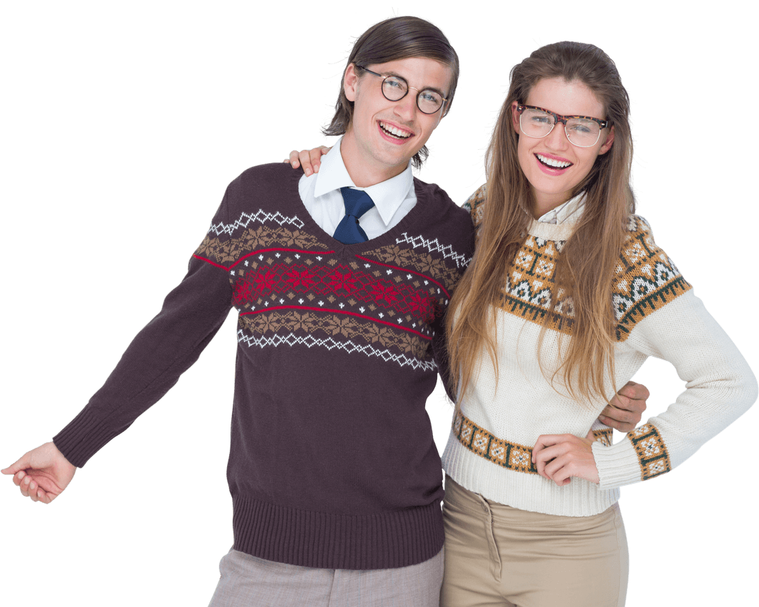 Happy Geeky Couple in Vintage Sweaters on Transparent Background