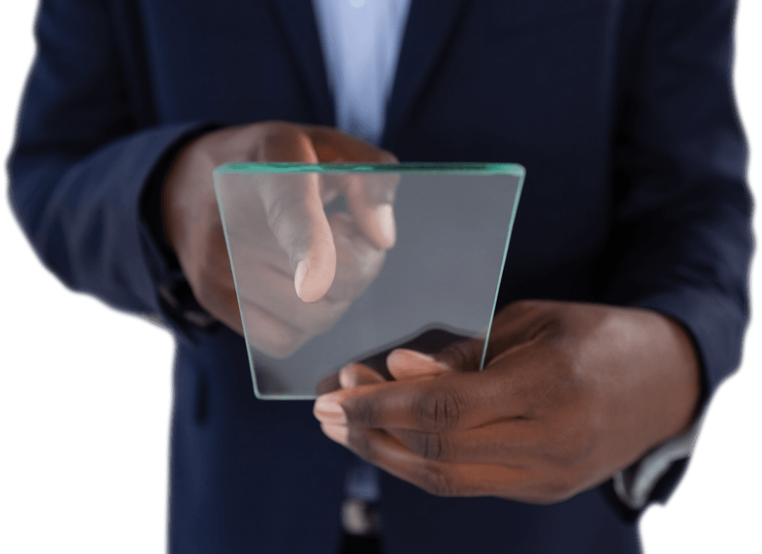 Businessman Holding Transparent Glass Interface Accessing Technology