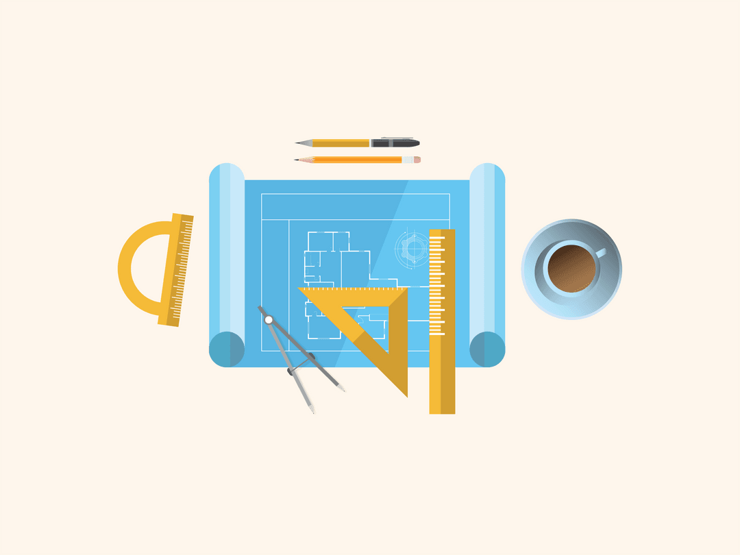 Architectural Blueprint with Tools and Coffee on Transparent Background