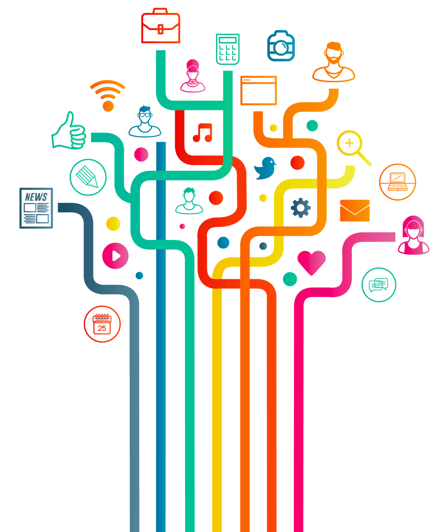 Colorful Connected Digital Icons on Transparent Background