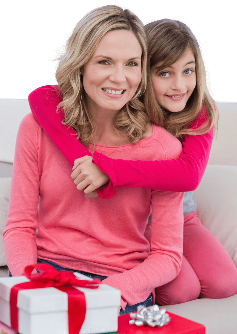Mother and Daughter Embracing on Transparent Background with Gifts