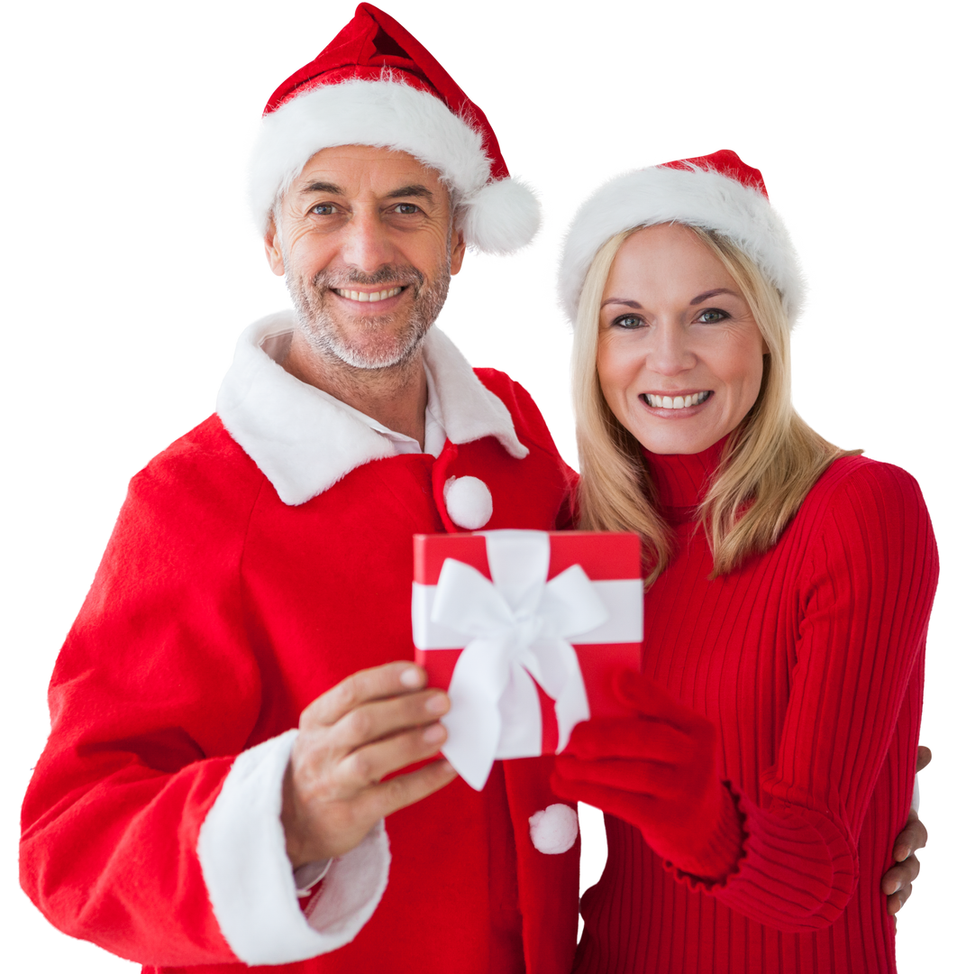 Happy Caucasian Couple in Santa Hats Holding Christmas Gift, Transparent Background - Download Free Stock Images Pikwizard.com