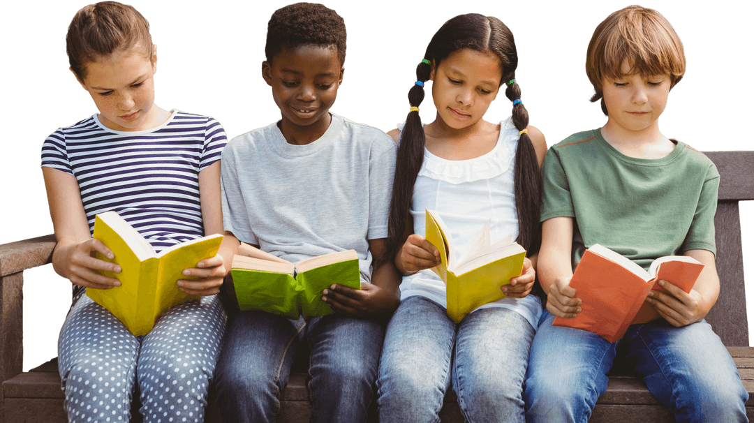 Diverse Young Readers Enjoying Transparent Park Reading Time